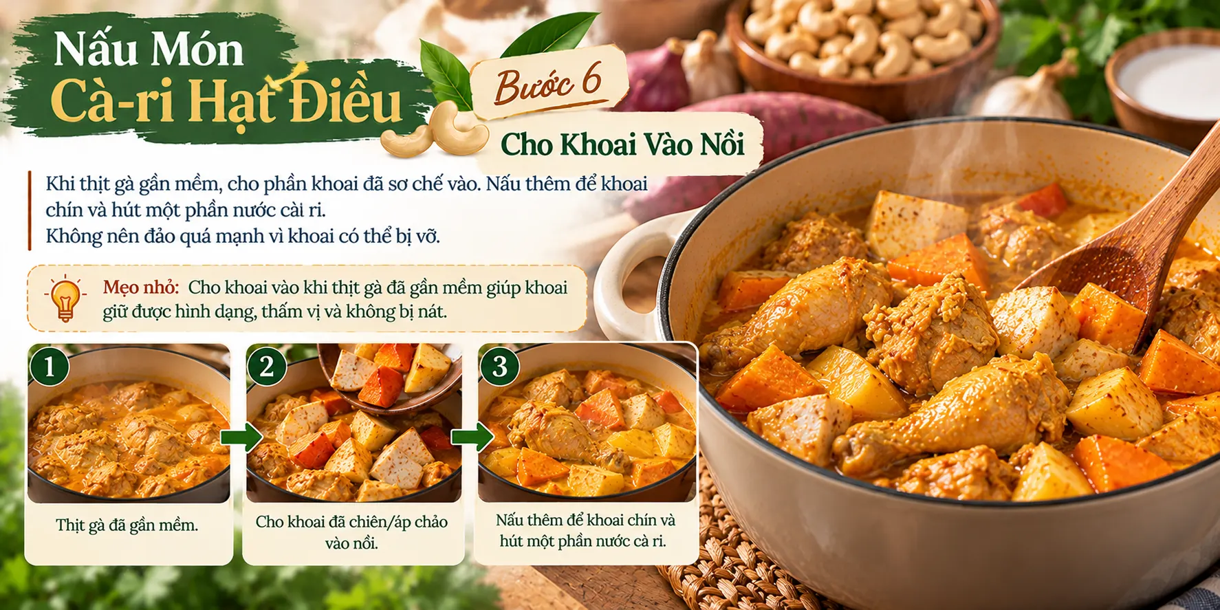 Cho Khoai da chien vao noi