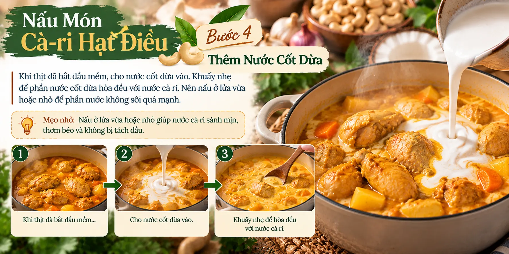 Nau Mon Ca ri Hat Dieu Buoc 4 Them Nuoc Cot Dua Khi thit da bat dau mem