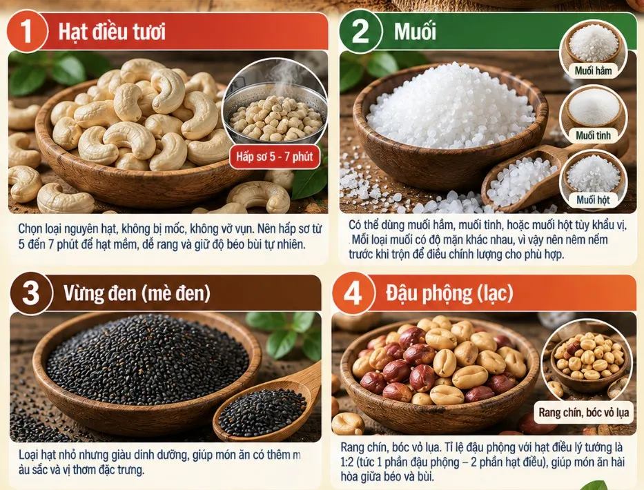 Nguyên Liệu Để Làm Món Ăn Muối Vừng Hạt Điều